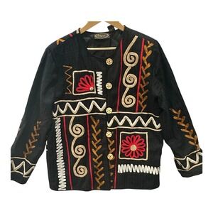 VTG Alex Kim Black Women's M Jacket Wooden Buttons Embroidered Shoulder Pads 90s